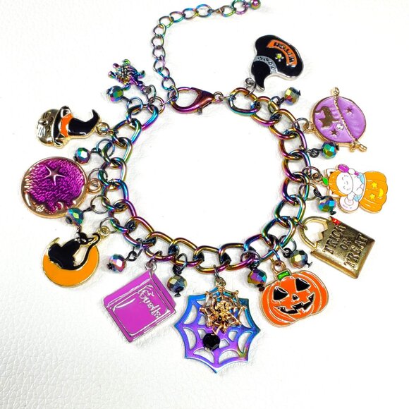 Halloween Charm Bracelet, Pumpkins, Ghost, Spider Webs, Cat - Picture 3 of 10